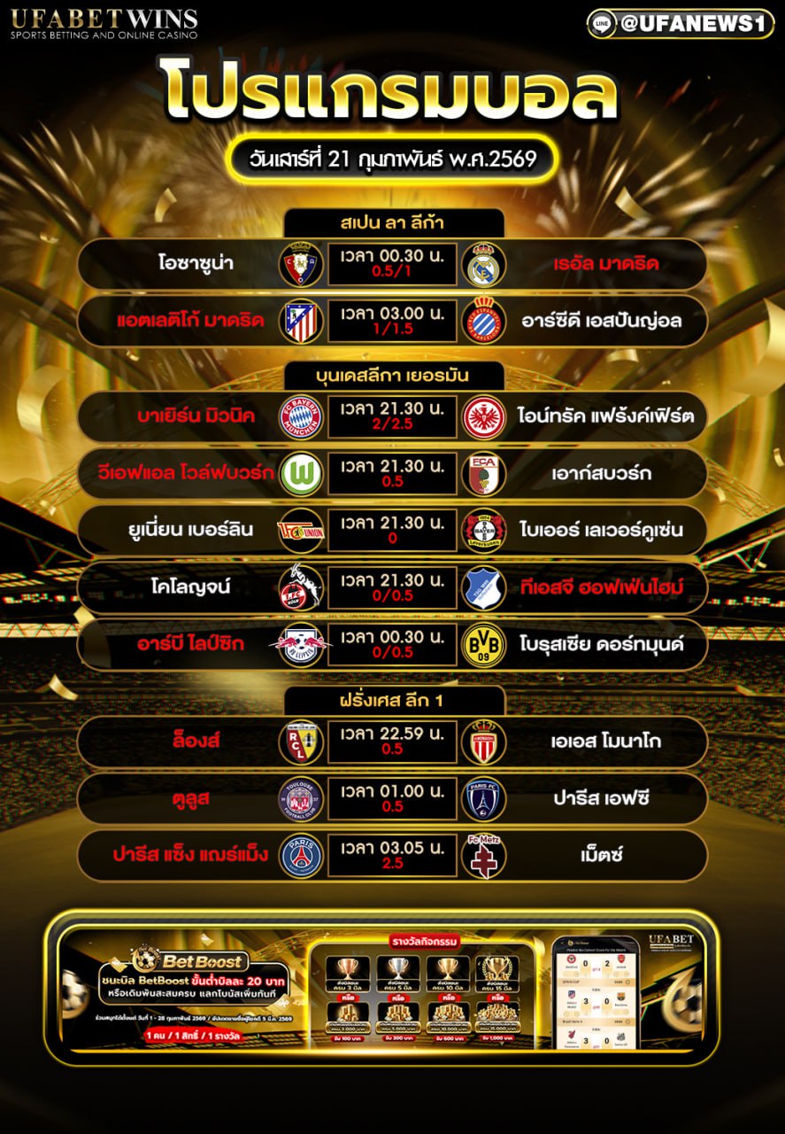 โปรแกรมบอล วันเสาร์ที่ 21 กุมภาพันธ์ พ.ศ.2569 รวมทุกลีก (ลา ลีก้า, บุนเดสลีกา, ลีก 1)