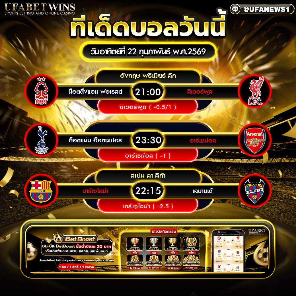 ทีเด็ดบอล 22 กุมภาพันธ์ พ.ศ.2569: พรีวิวคู่เด่นก่อนเกม ฟอเรสต์ vs ลิเวอร์พูล, บาร์เซโลน่า vs เลบานเต้, สเปอร์ส vs อาร์เซน่อล (เวลาไทย)