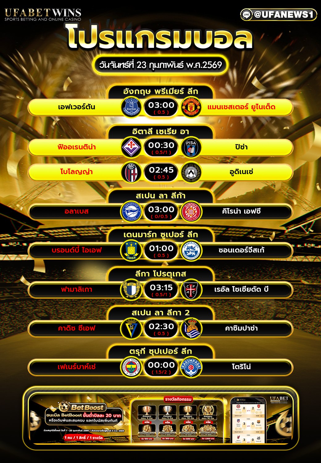 โปรแกรมบอล 23 กุมภาพันธ์ พ.ศ.2569 รวมทุกลีกคืนวันจันทร์: พรีเมียร์ลีก เซเรีย อา ลา ลีก้า และลีกอื่น ๆ (เวลาไทย)