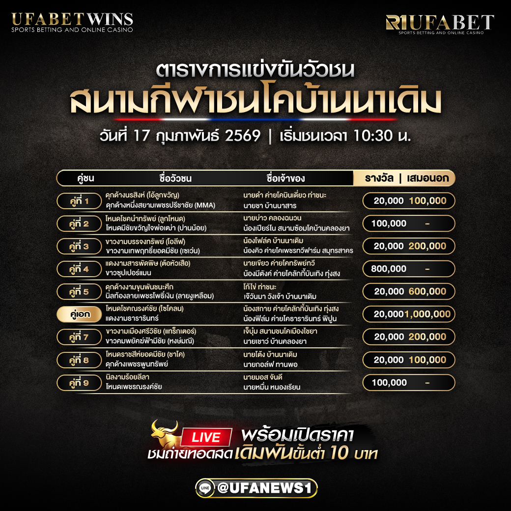 โปรแกรมวัวชน สนามกีฬาชนโคบ้านนาเดิม วันที่ 17 กุมภาพันธ์ 2569 เริ่มชนเวลา 10:30 น.