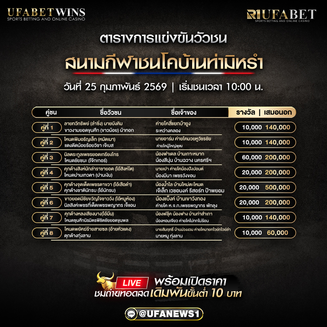 โปรแกรมวัวชน สนามกีฬาชนโคบ้านท่ามิหรำ วันที่ 25 กุมภาพันธ์ 2569