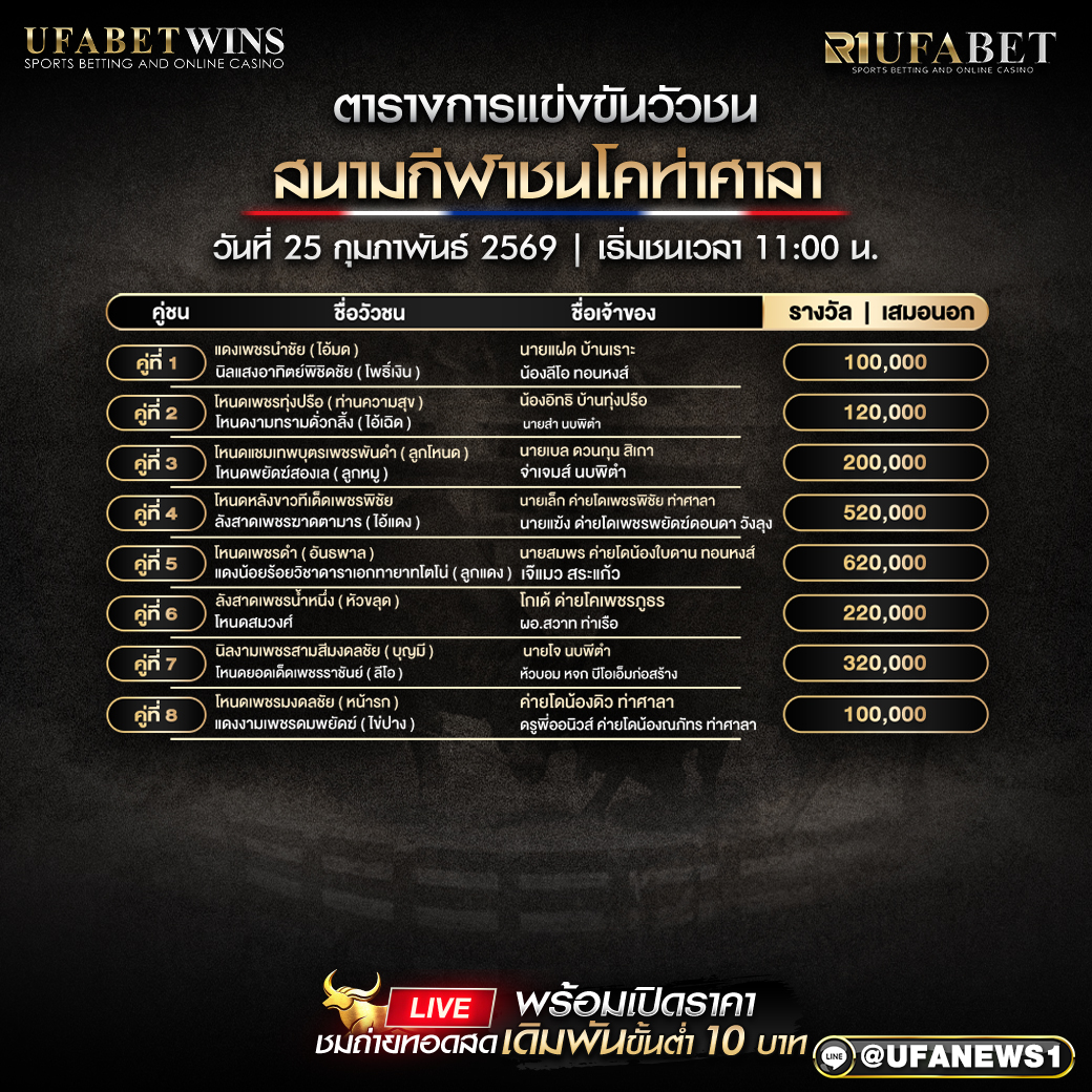 โปรแกรมวัวชน สนามกีฬาชนโคท่าศาลา วันที่ 25 กุมภาพันธ์ 2569 เริ่มชนเวลา 11:00 น.