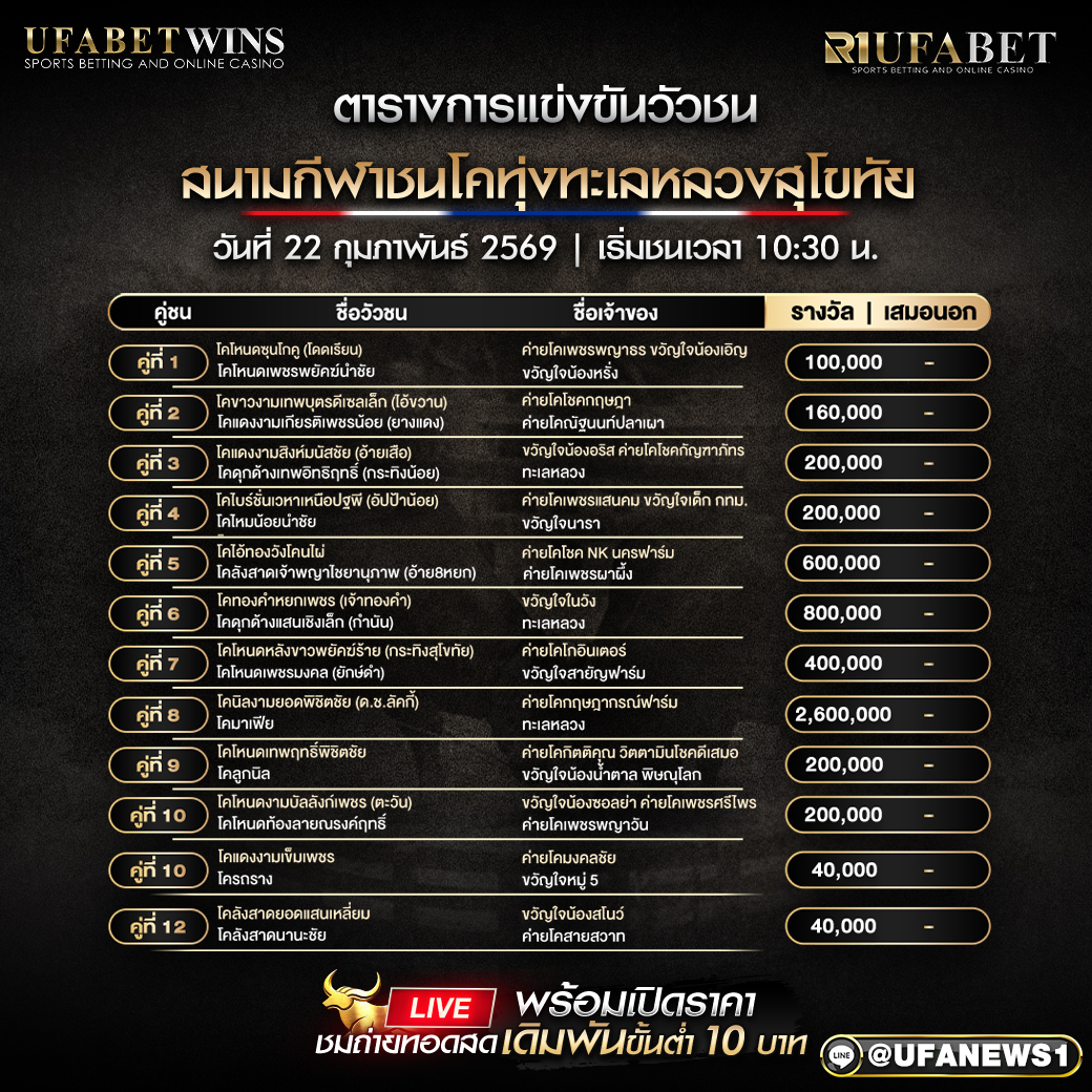 โปรแกรมวัวชน สนามกีฬาชนโคทุ่งทะเลหลวงสุโขทัย วันที่ 22 กุมภาพันธ์ 2569 เริ่มชนเวลา 10:30 น.