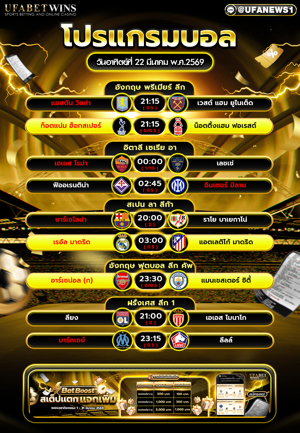 โปรแกรมบอลวันนี้ 22 มี.ค. 2569 ตารางบอลวันนี้ รวมทุกลีกดัง พร้อมคู่เด่น