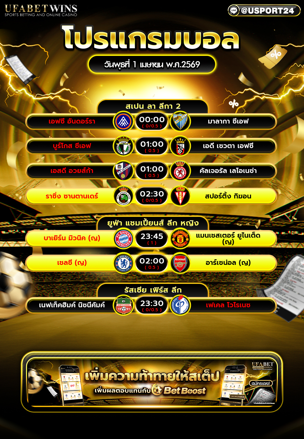 โปรแกรมบอล วันพุธที่ 1 เมษายน 2569