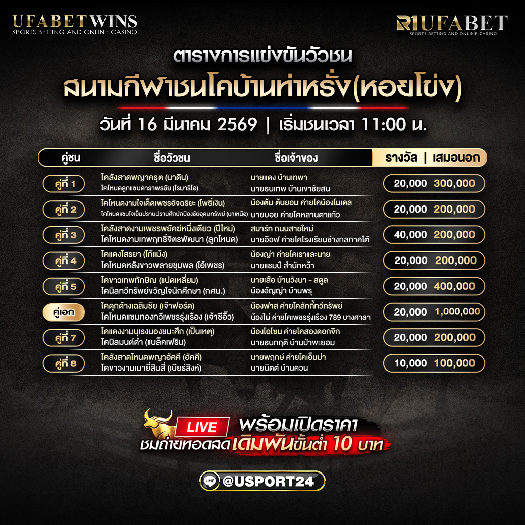 โปรแกรมวัวชน สนามกีฬาชนโคบ้านท่าหรั่ง 16 มี.ค. 2569