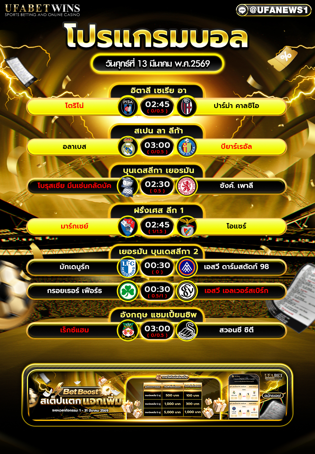 โปรแกรมบอล วันศุกร์ที่ 13 มีนาคม พ.ศ.2569 ตารางบอลวันนี้ทุกลีกยุโรป อัปเดตล่าสุด