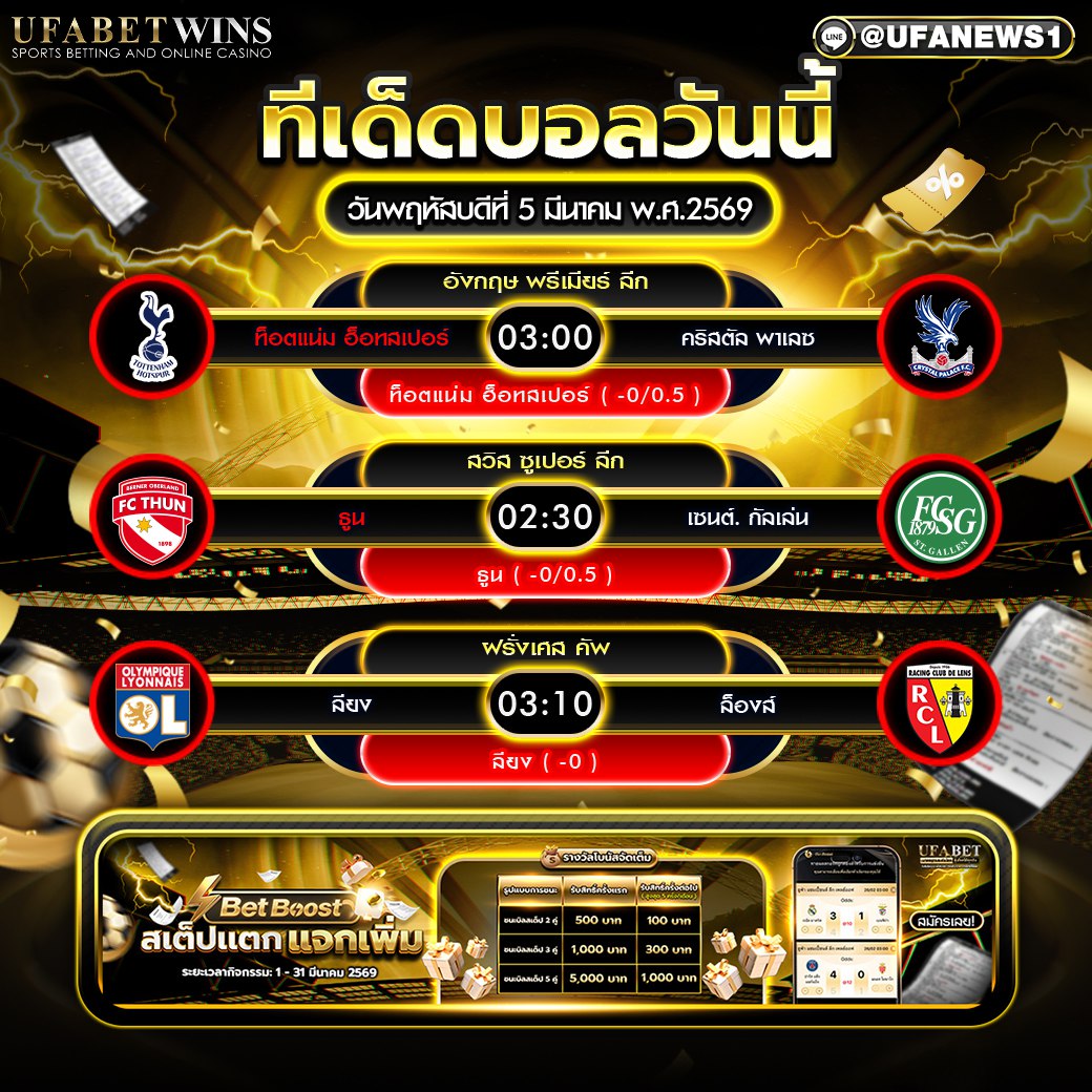 วิเคราะห์บอลวันนี้คู่เด่น สเปอร์ส พาเลซ ธูน และลียง พร้อมทรรศนะบอลคืนนี้จากลีกยุโรป