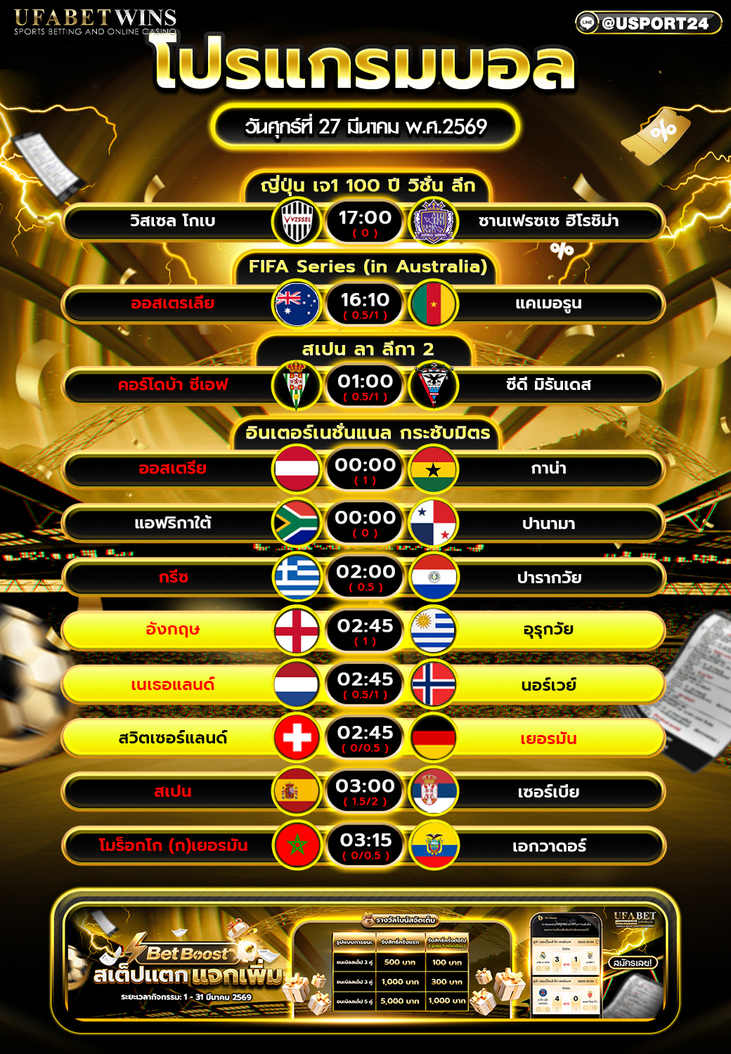 โปรแกรมบอล 24 มีนาคม พ.ศ.2569 ตารางบอลวันนี้ ครบทุกคู่เด่นจากเจลีก ฟีฟ่า ซีรีส์ ลา ลีกา 2 และกระชับมิตรทีมชาติ
