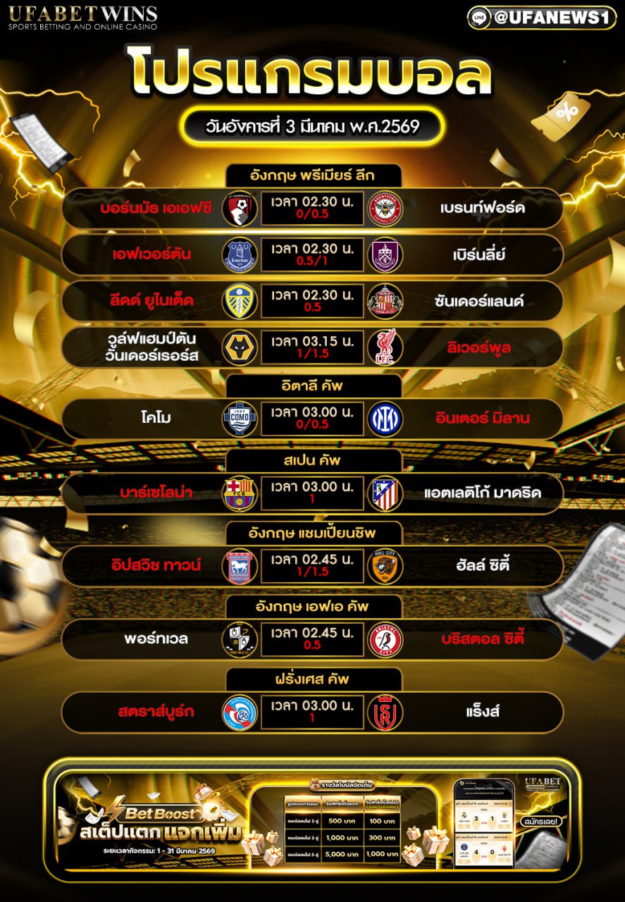 โปรแกรมบอล วันอังคารที่ 3 มีนาคม พ.ศ.2569 ตารางบอลวันนี้ ครบทุกลีกดังยุโรป อัปเดตเวลาแข่งขันล่าสุด