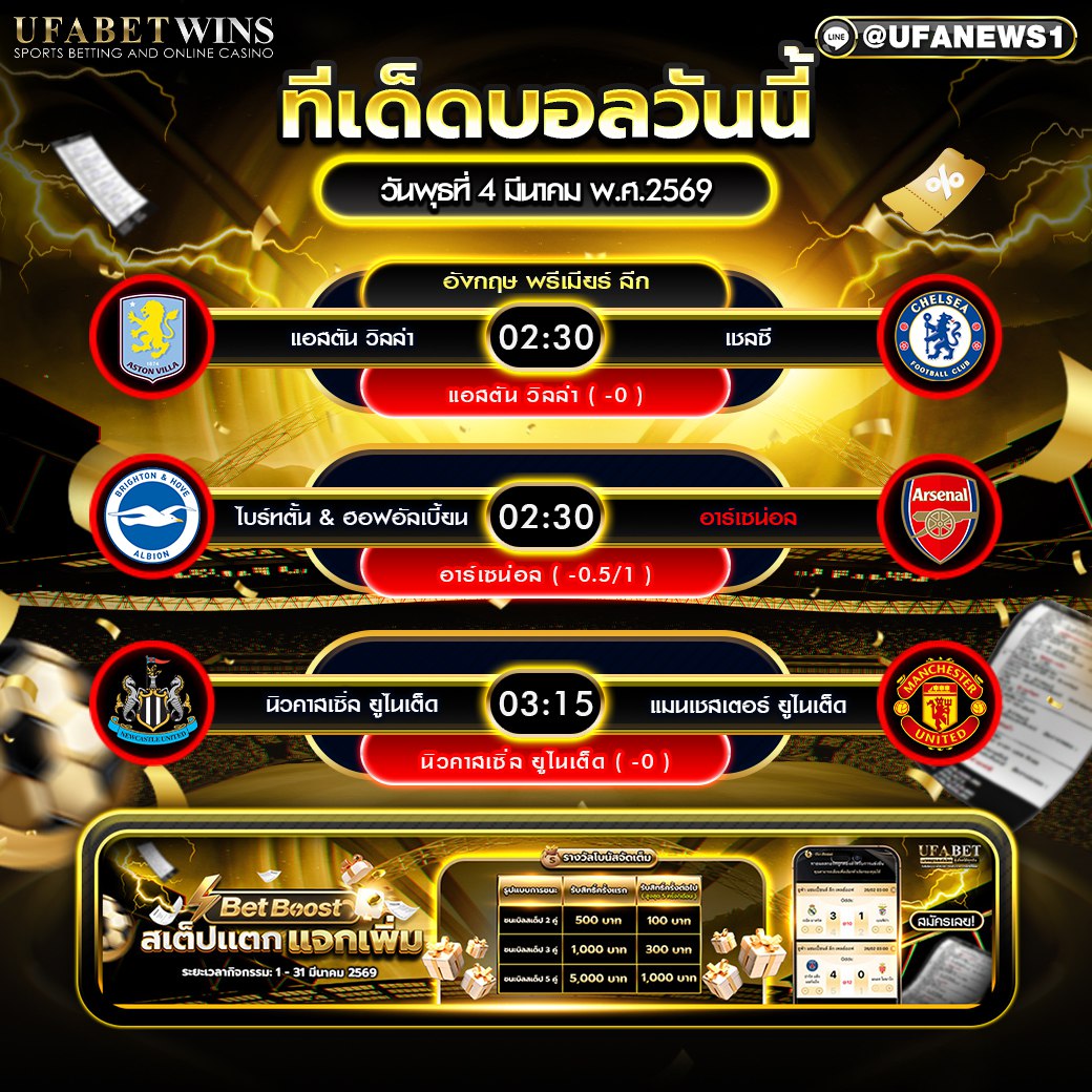 ทีเด็ดบอลที่ 4 มีนาคม พ.ศ.2569 วิเคราะห์บอลวันนี้พรีเมียร์ลีก ครบทุกคู่เด่น