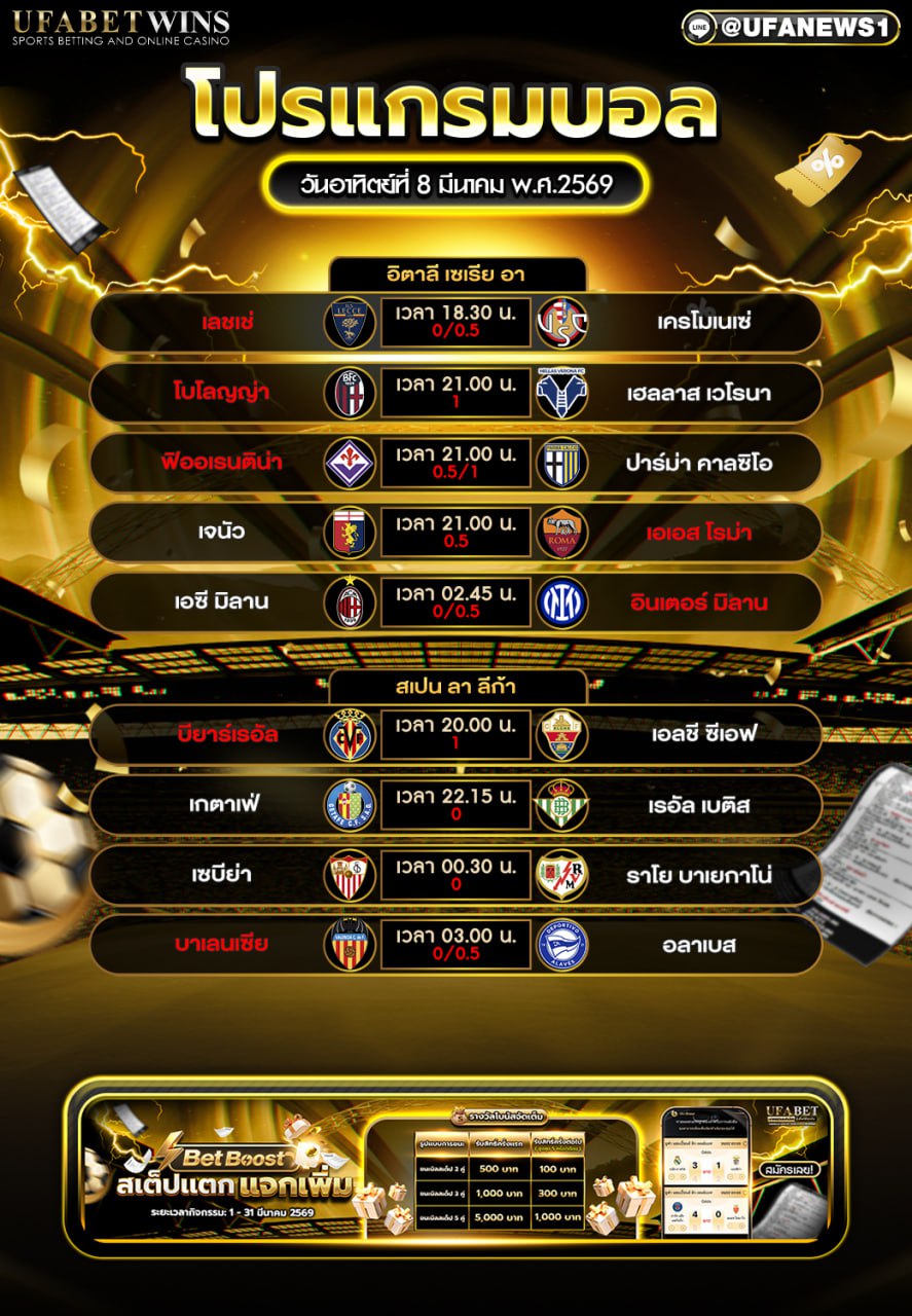 โปรแกรมบอล 8 มีนาคม พ.ศ.2569 ตารางบอลวันนี้ ครบทุกคู่จากลีกดังยุโรป
