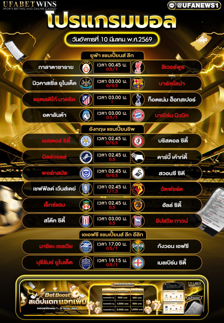 โปรแกรมบอล 10 มีนาคม พ.ศ.2569 ตารางบอลวันนี้ ครบทุกลีกดังทั้งยุโรปและเอเชีย