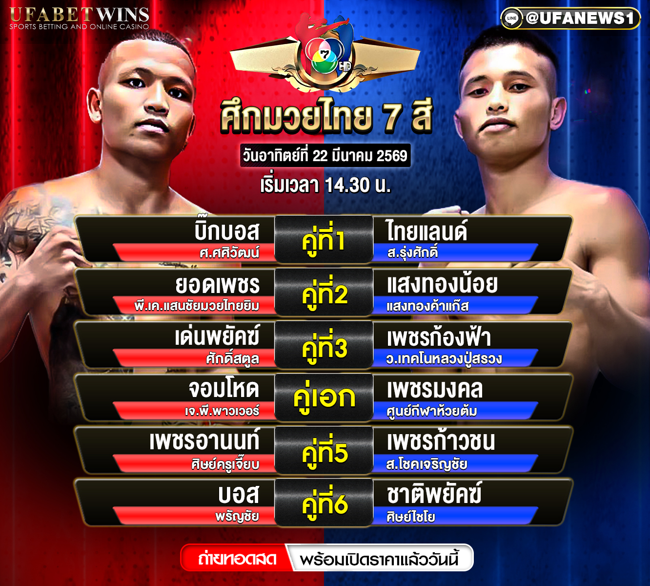 โปรแกรมมวย ศึกมวยไทย 7 สี 22 มีนาคม 2569 ตารางชกครบ 6 คู่ วิเคราะห์ก่อนขึ้นเวที