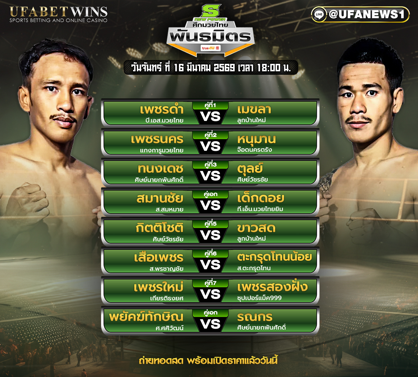โปรแกรมมวย ศึกมวยไทยพันธมิตร วันจันทร์ที่ 16 มีนาคม 2569 ตารางคู่มวย เวทีมวยเวิล์ด สยาม สเตเดี้ยม