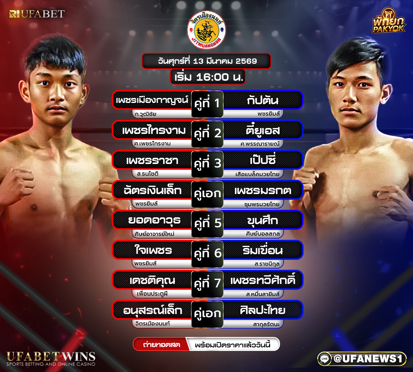 ศึกจิตรเมืองนนท์ 13 มีนาคม 2569 โปรแกรมมวย เวทีมวยจิตรเมืองนนท์ อตก.3 จังหวัดนนทบุรี