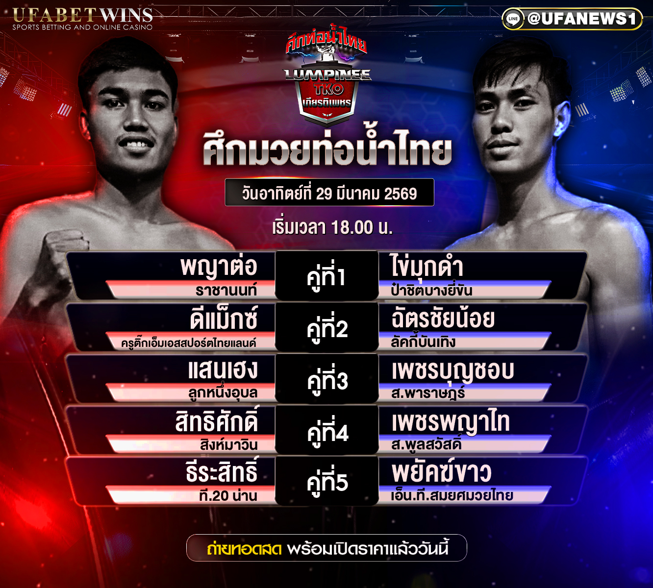 โปรแกรมมวย ศึกท่อน้ำไทย TKO เกียรติเพชร 29 มีนาคม 2569 ผลชั่งน้ำหนัก และวิเคราะห์ครบทุกคู่