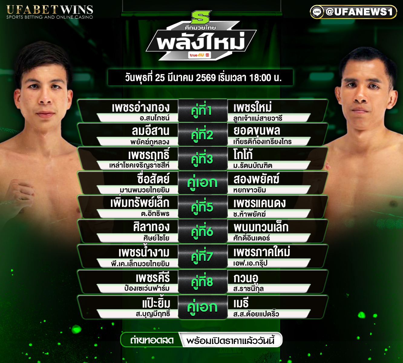 โปรแกรมมวยวันนี้ ศึกมวยไทยพลังใหม่ 25 มีนาคม 2569 ตารางครบทุกคู่เช็กตารางมวยวันนี้แบบละเอียด