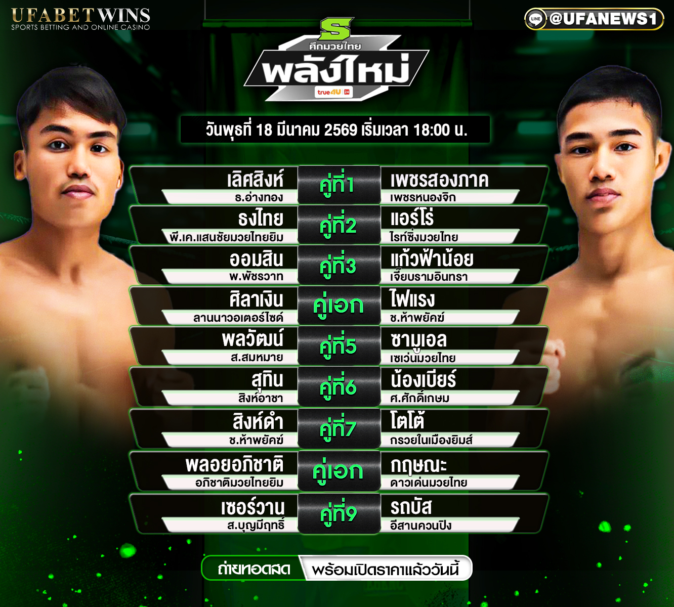 โปรแกรมมวย ศึกมวยไทยพลังใหม่ 18 มีนาคม 2569 ตารางคู่มวย เวทีราชดำเนิน