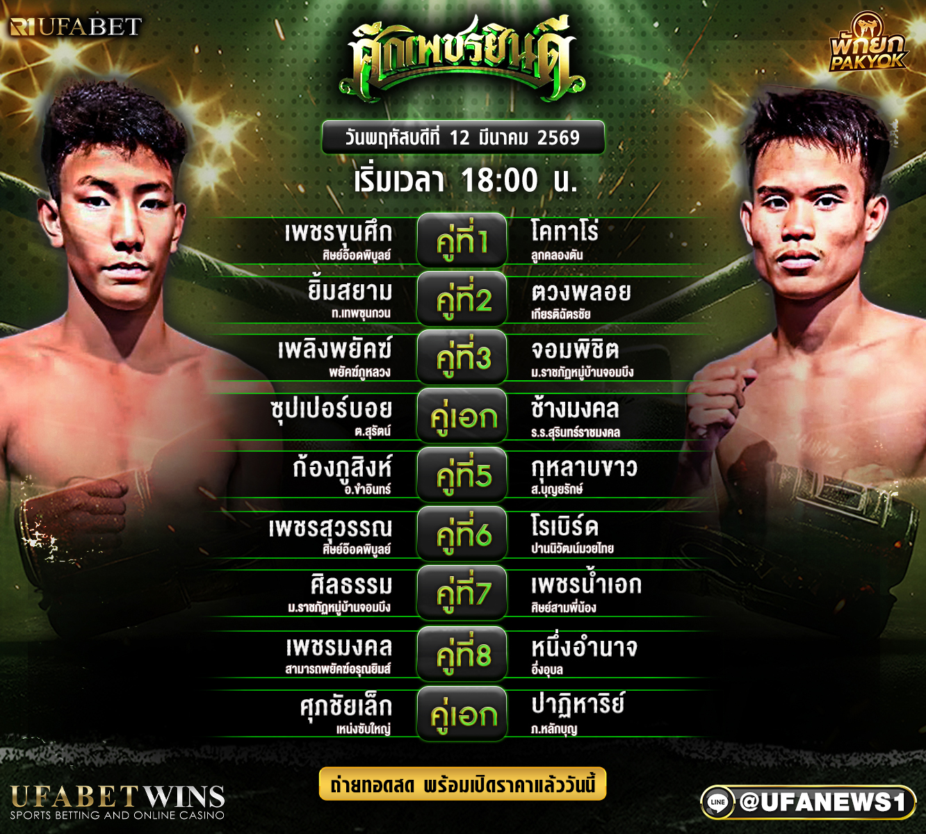 ศึกเพชรยินดี ประจำวันพฤหัสบดีที่ 12 มีนาคม 2569 เวทีมวยราชดำเนิน เช็กคู่มวยก่อนขึ้นชก