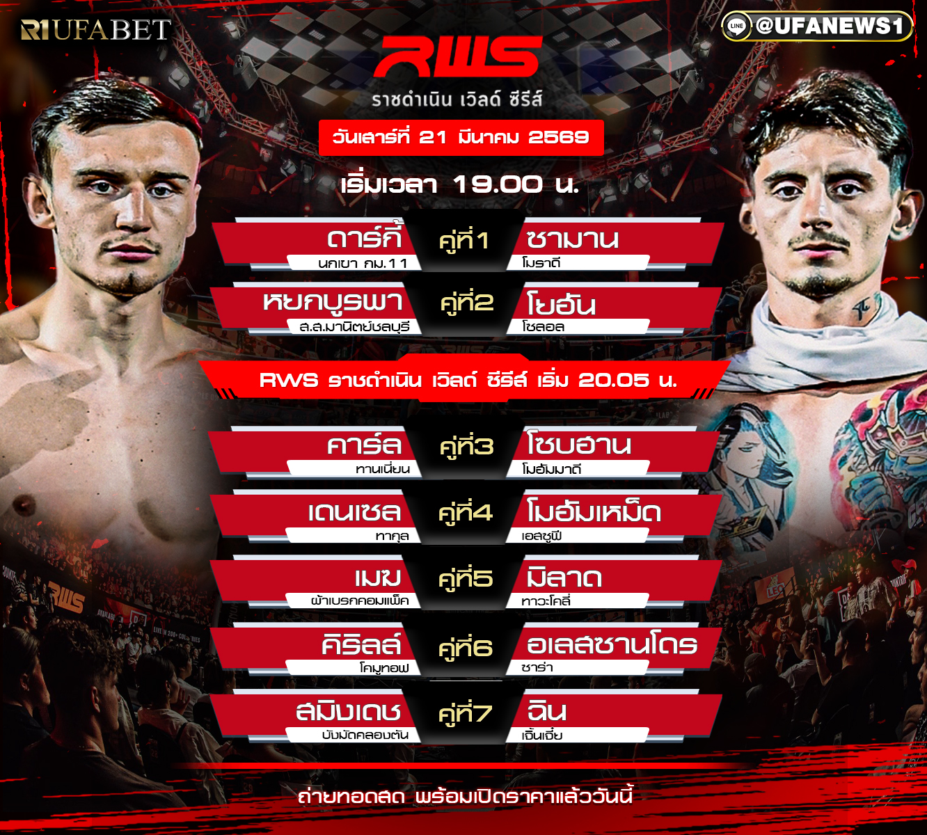 โปรแกรมมวย ศึกมวยราชดำเนินเวิล์ดซี่รีส์ RWS ที่ 21 มีนาคม 2569 ตารางคู่มวย เวทีราชดำเนิน
