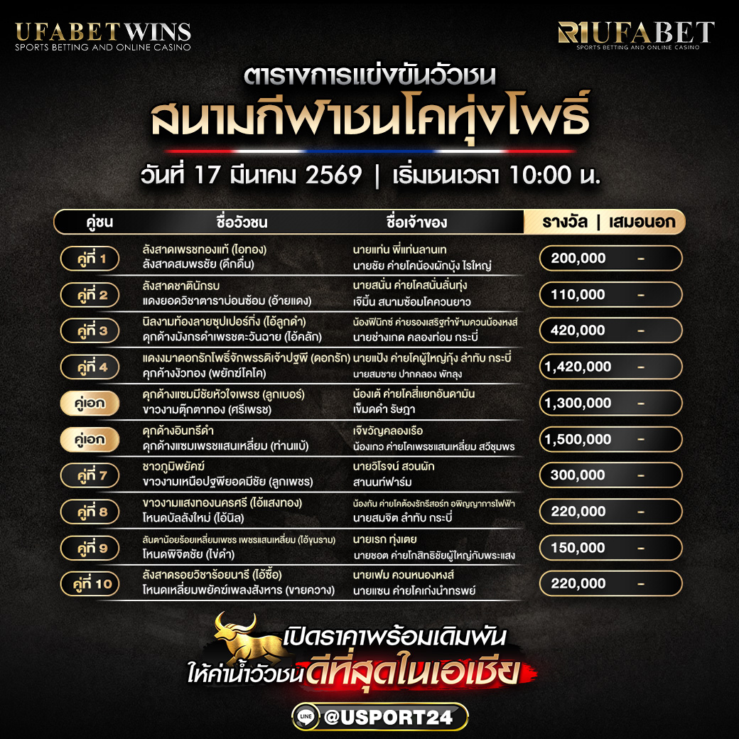 โปรแกรมวัวชน สนามกีฬาชนโคทุ่งโพธิ์ 17 มีนาคม 2569 พร้อมคู่เด็ดประจำวัน