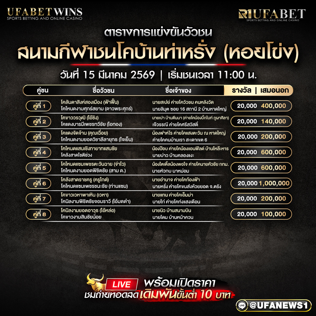 โปรแกรมวัวชน สนามกีฬาชนโคบ้านท่าหรัง (หอยโข่ง) วันที่ 15 มีนาคม 2569 ตารางคู่ชนครบทุกคู่