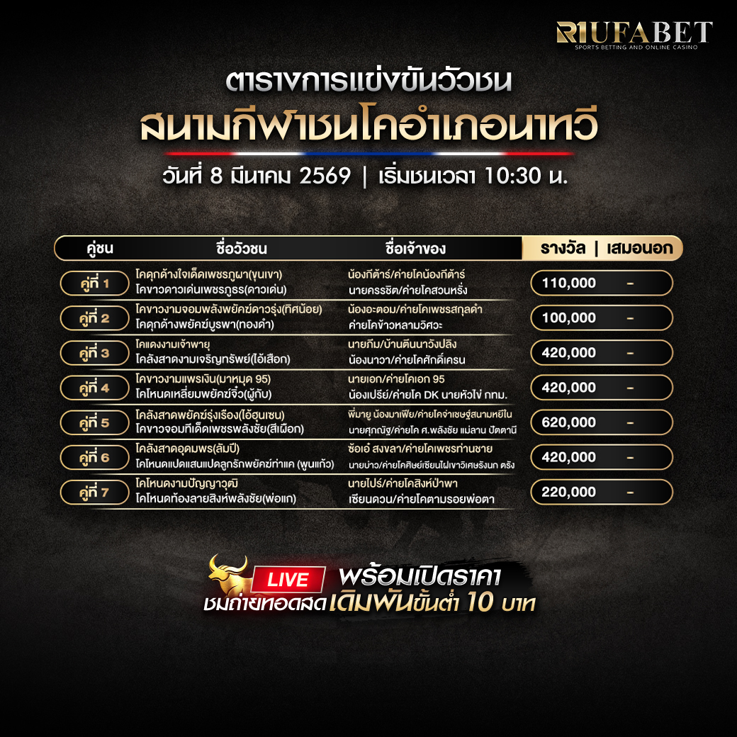 โปรแกรมวัวชน สนามกีฬาชนโคอำเภอนาทวี วันที่ 8 มีนาคม 2569 ตารางคู่ชนและเงินรางวัล