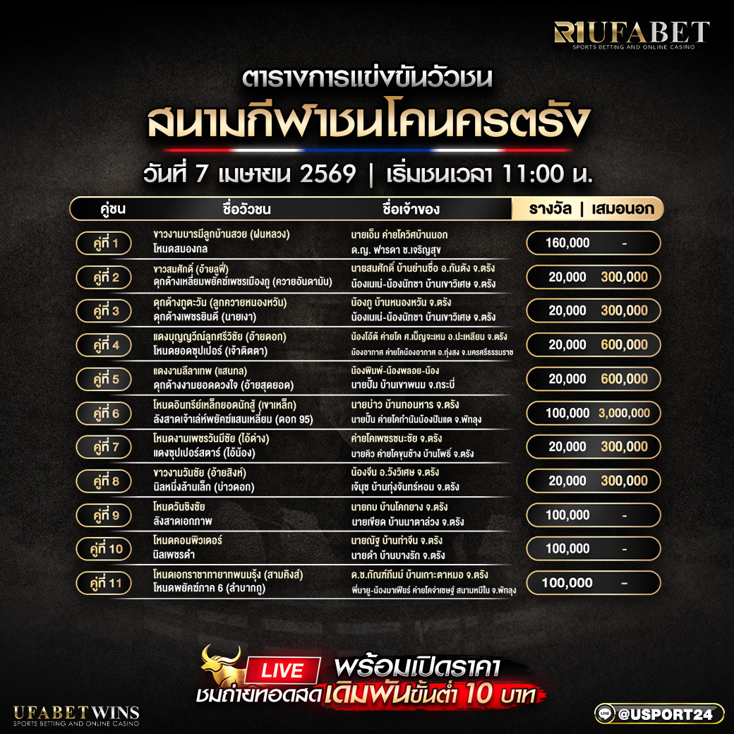 โปรแกรมวัวชน สนามกีฬาชนโคนครตรัง วันที่ 7 เม.ย. 2569