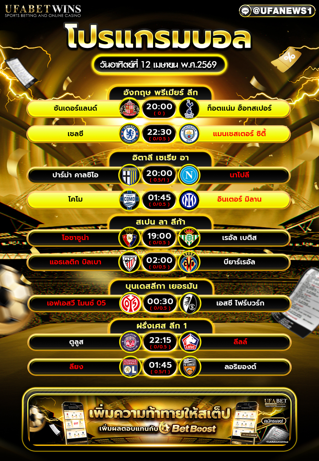 โปรแกรมบอล วันอาทิตย์ที่ 12 เมษายน พ.ศ.2569 ตารางบอลวันนี้ ครบทุกลีกยุโรป