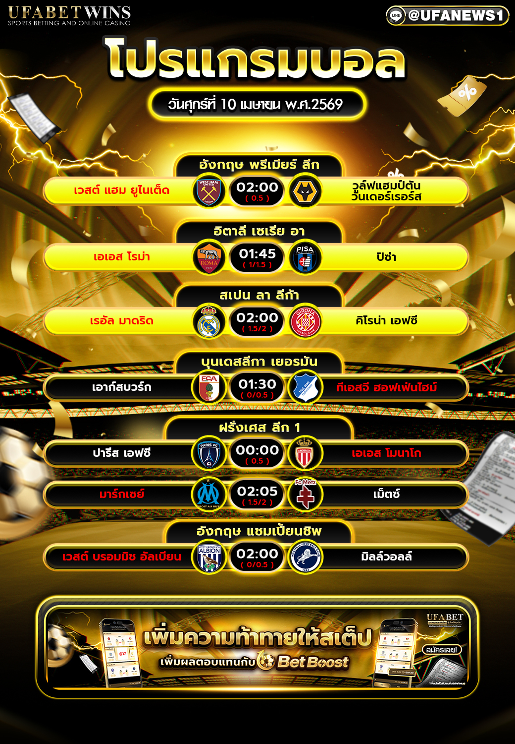 โปรแกรมบอล วันนี้ 10 เม.ย. 2569 รวมพรีเมียร์ลีก ลาลีกา เซเรีย อา