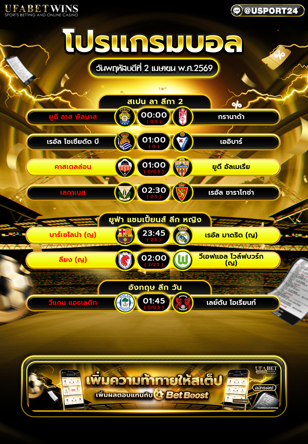 โปรแกรมบอล 2 เม.ย. 2569