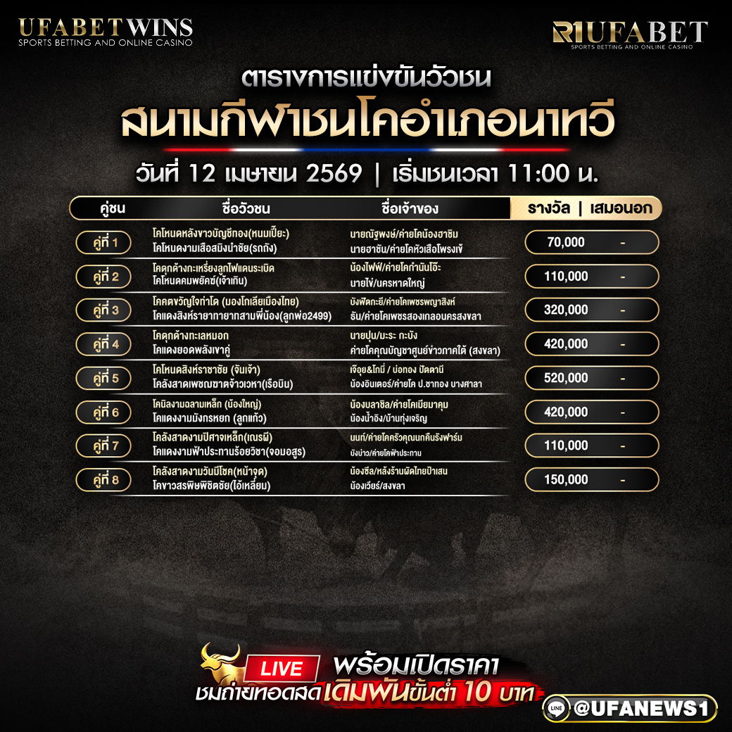 โปรแกรมชนโค สนามกีฬาชนโคอำเภอนาทวี วันที่ 12 เมษายน 2569 พร้อมรายละเอียดครบทุกคู่