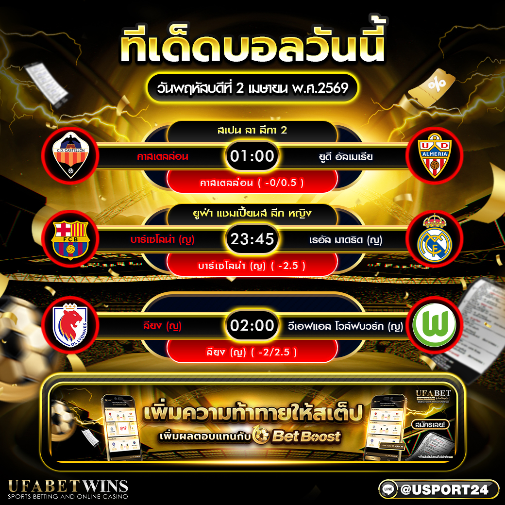 ทีเด็ดบอลวันนี้ 2 เม.ย. 2569 