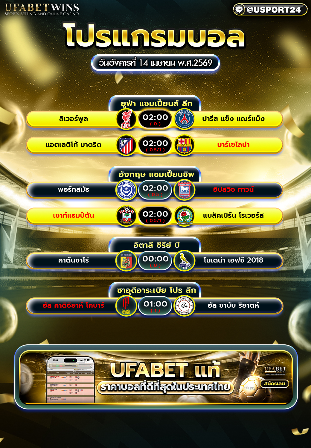 โปรแกรมบอลวันนี้ 14 เม.ย. 2569
