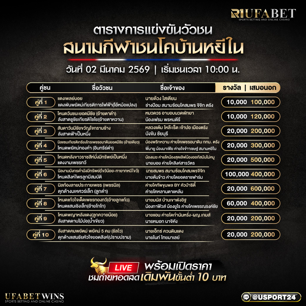 โปรแกรมวัวชน สนามชนโคบ้านหยีใน 2 เม.ย. 2569 