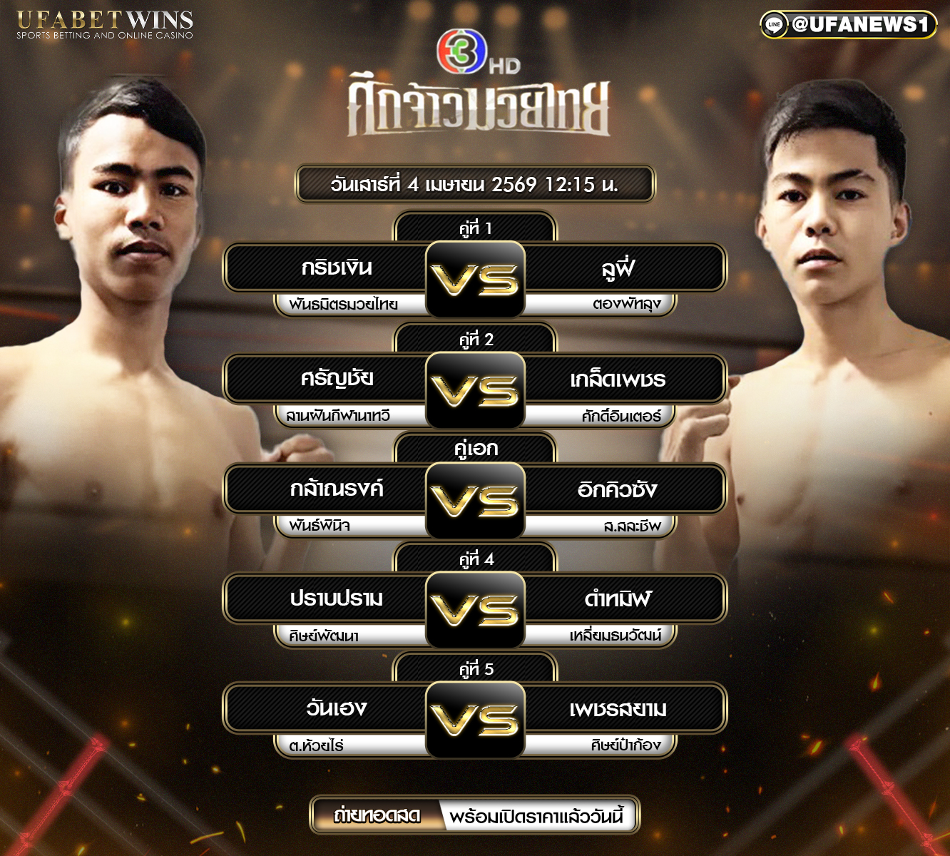 โปรแกรมมวย ศึกจ้าวมวยไทย 4 เมษายน 2569 ผลชั่งน้ำหนัก และวิเคราะห์ครบทุกคู่