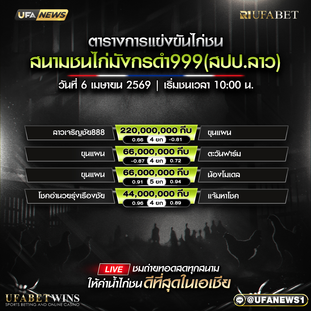 โปรแกรมไก่  สนามชนไก่มังกรดำ999(สปป.ลาว) วันที่ 6 เมษายน 2569 พร้อมอัตราต่อรอง