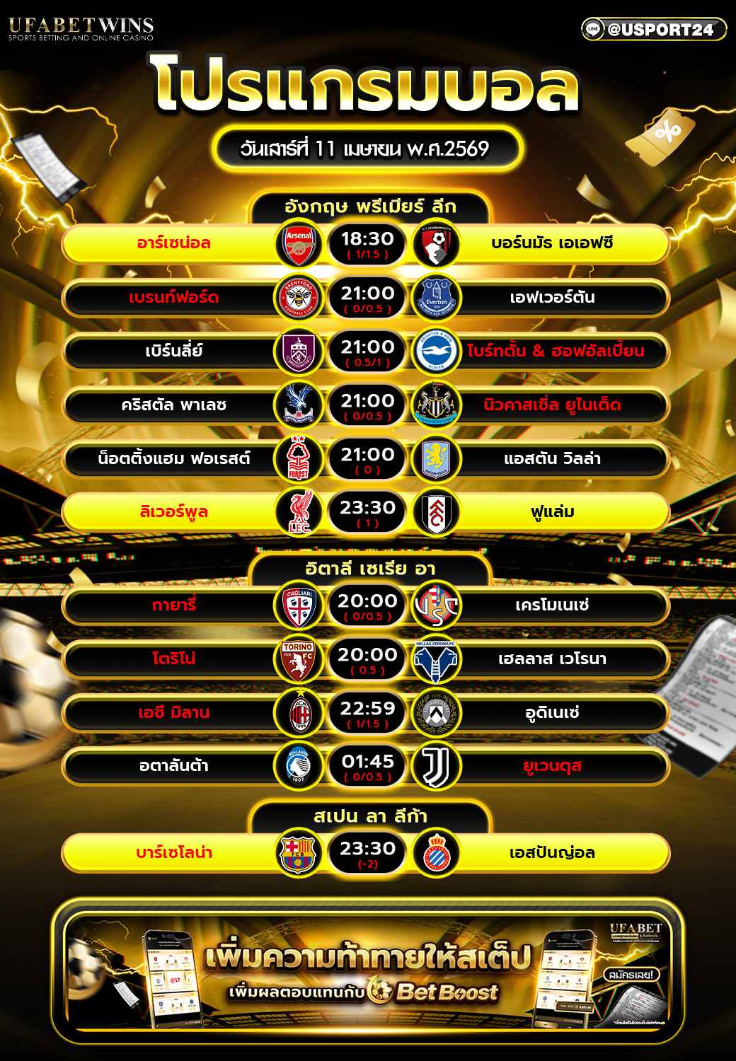 โปรแกรมฟุตบอลวันนี้ 11 เม.ย. 2569