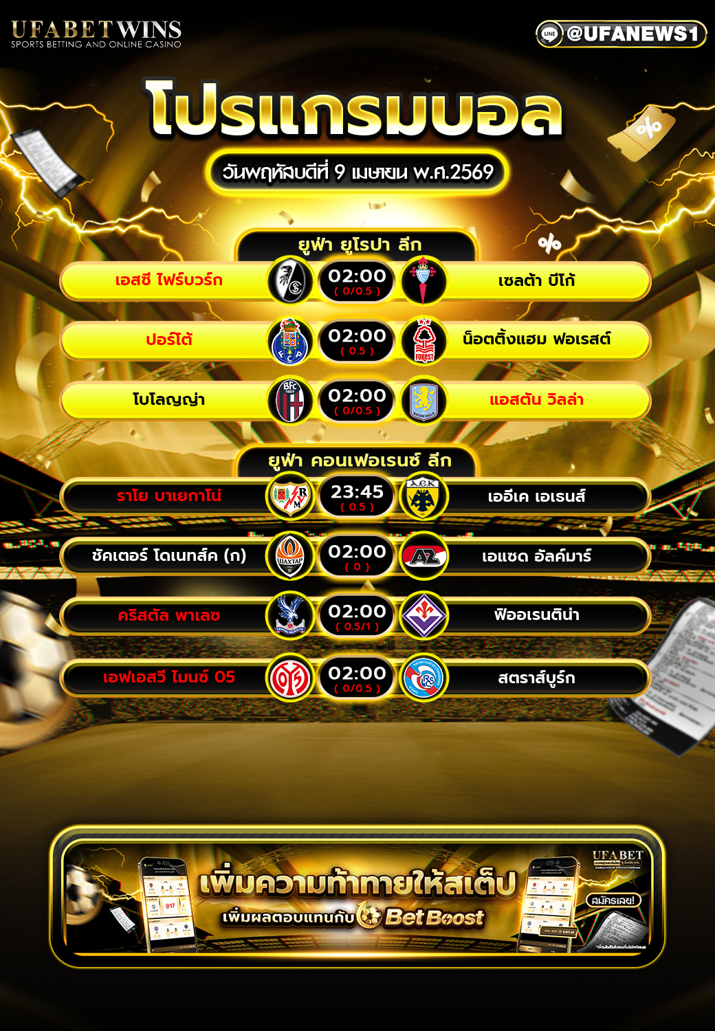 โปรแกรมบอล วันนี้ 9 เม.ย. 2569 เช็กตารางแข่งฟุตบอลยุโรปครบทุกคู่