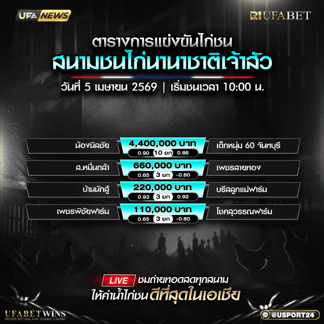 โปรแกรมไก่ชน สนามชนไก่นานาชาติเจ้าสัว 5 เม.ย. 2569